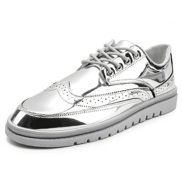 Gold Silver Black Leather Casual Shoes Men Bling High Top Big Size Couple Shoes Lace Up Sneakers Outdoor Male Footwear French Casual Shoes