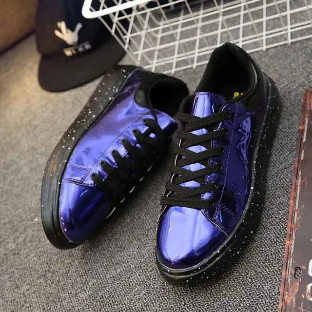 Chanel Casual Shoes Gold Silver Black Leather Casual Shoes Men Bling High Top Big Size Couple Shoes Lace Up Sneakers Outdoor Male Footwear
