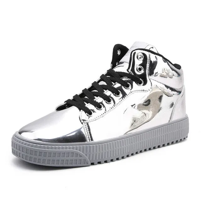 Gold Silver Black Leather Casual Shoes Men Bling High Top Big Size Couple Shoes Lace Up Sneakers Outdoor Male Footwear All Season Casual Shoes