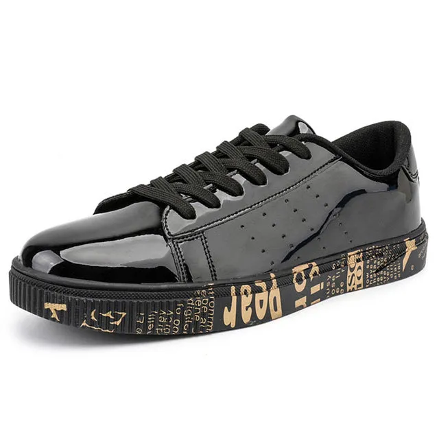 Gold Silver Black Leather Casual Shoes Men Bling High Top Big Size Couple Shoes Lace Up Sneakers Outdoor Male Footwear Casual Shoes With White Soles