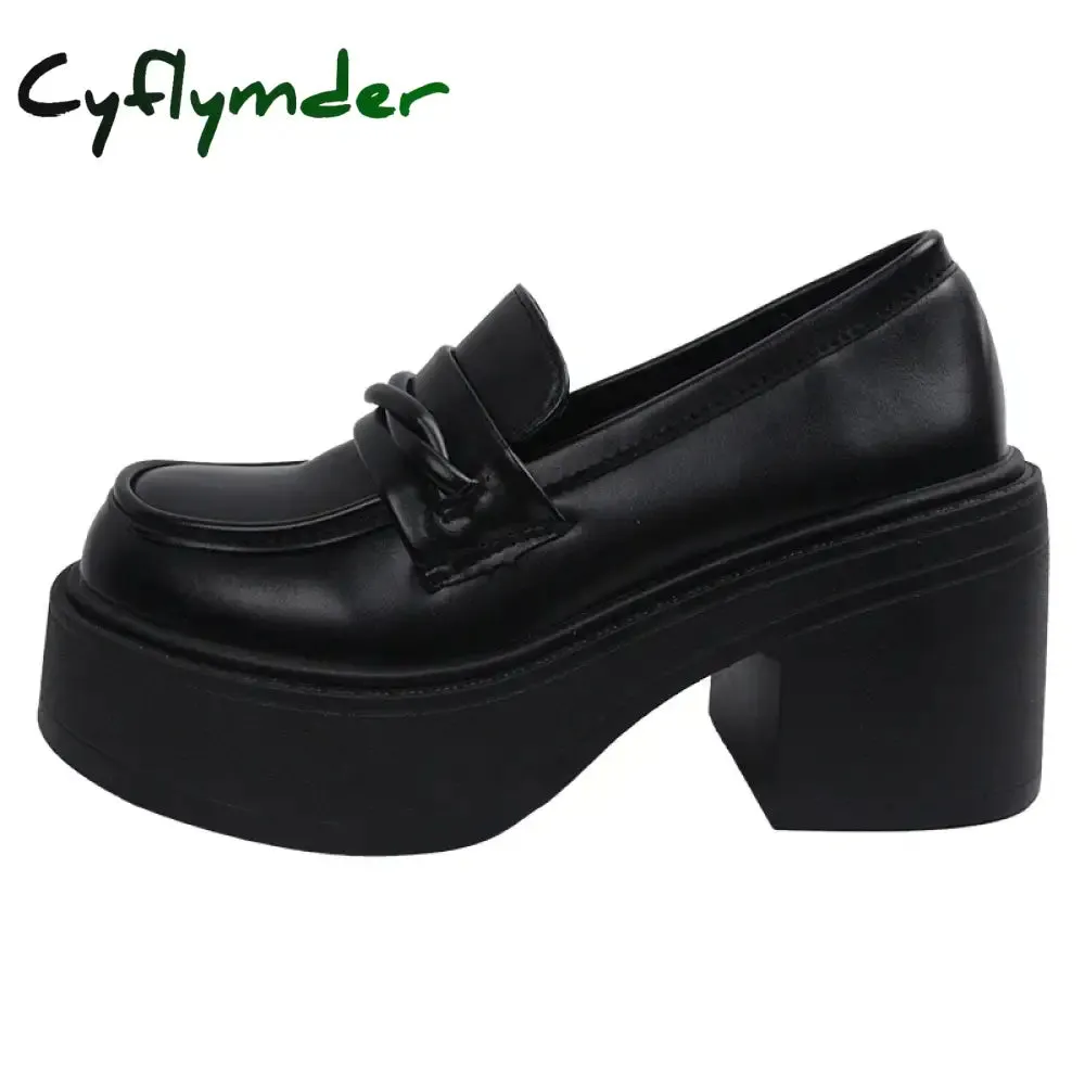 Cyflymder Women's Black Chunky Heeled Loafers Patent Leather Platform Pumps Women Slip On Thick High Heel Jk Uniform Shoes Mary Janes Snaffle Loafers