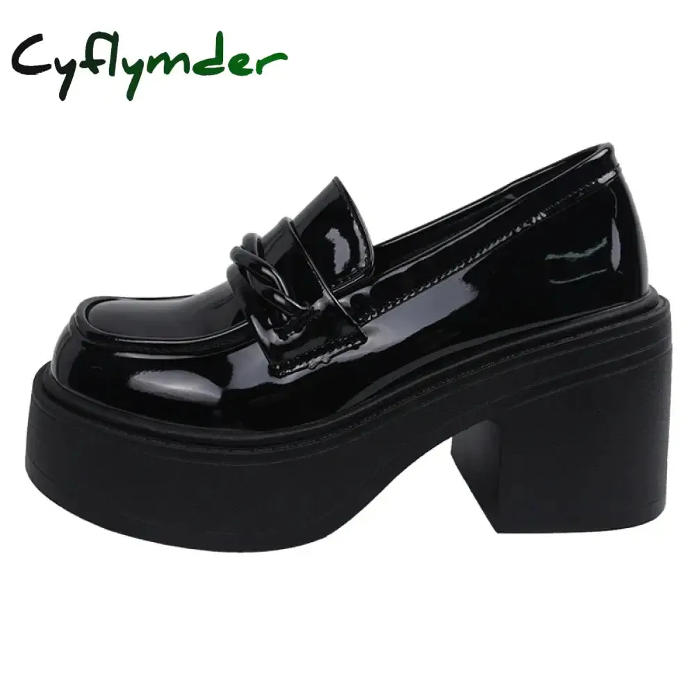 Chunky Gucci Loafers Cyflymder Women's Black Chunky Heeled Loafers Patent Leather Platform Pumps Women Slip On Thick High Heel Jk Uniform Shoes Mary Janes