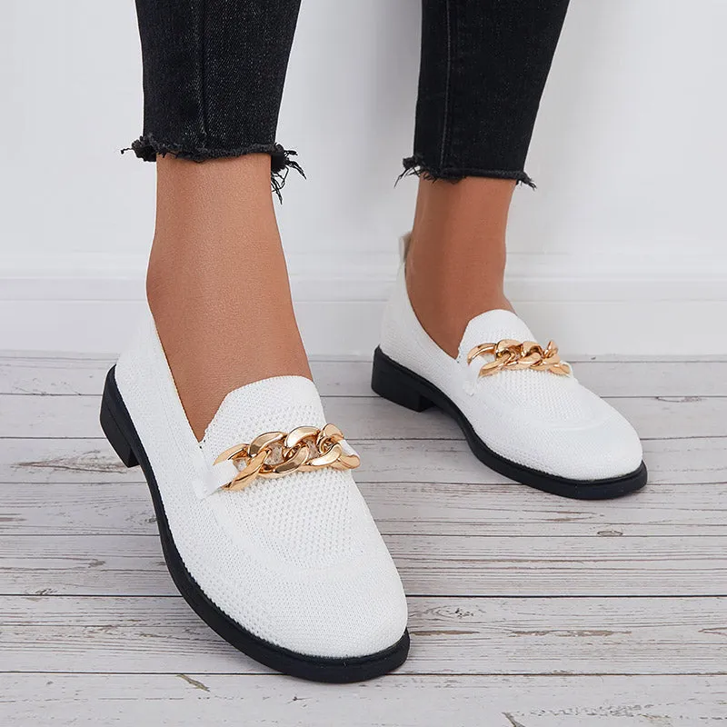 Funky Loafers Women Chain Decor Knit Loafers Slip on Block Low Heel Shoes