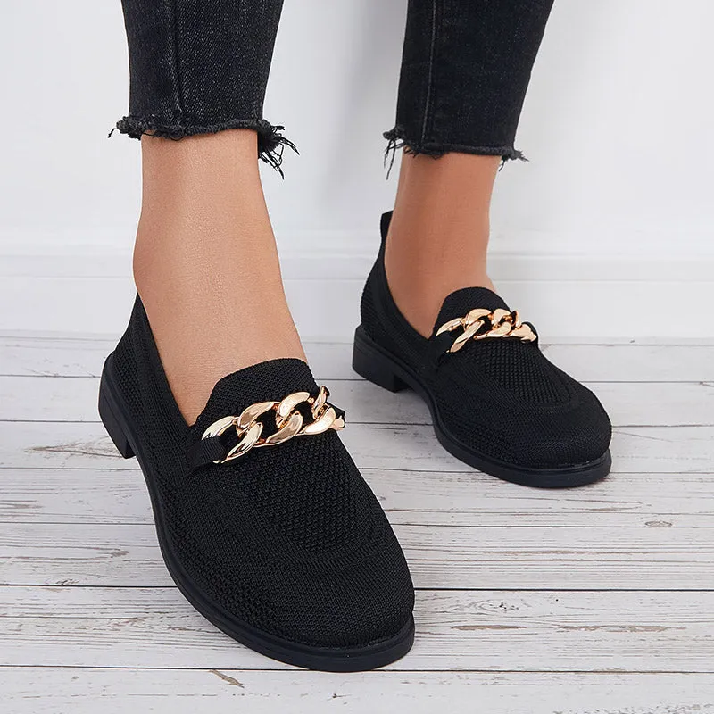 Women Chain Decor Knit Loafers Slip on Block Low Heel Shoes Jeans With Penny Loafers