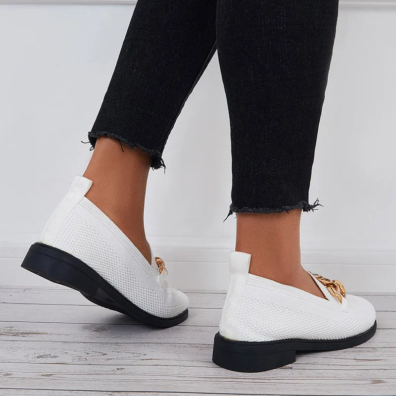 Rossini Loafers Women Chain Decor Knit Loafers Slip on Block Low Heel Shoes