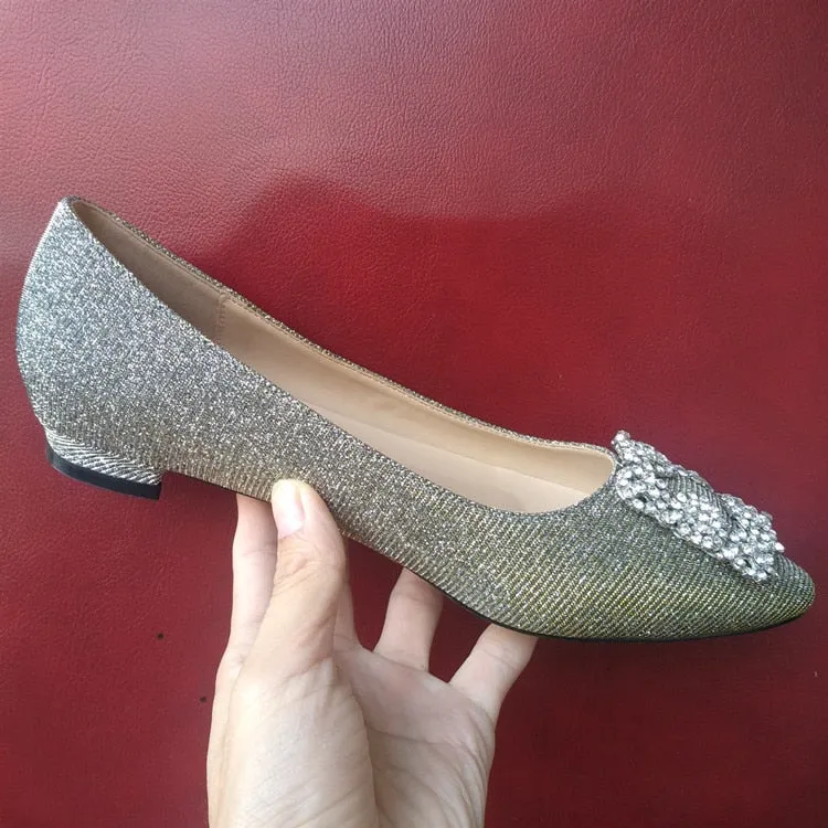 Black Satin Sequined Rhinestones Crystal Diamond Bridal Flats Flat Shoes Pointed Toe