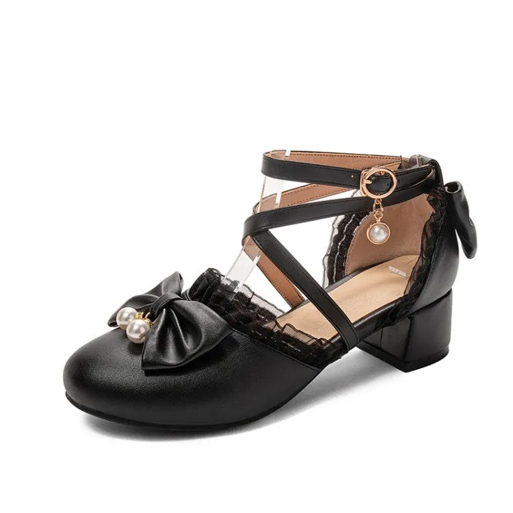 Women's Solid Color Lace Butterfly Knot Hollow Out Block Heel Sandals Strive Sandals