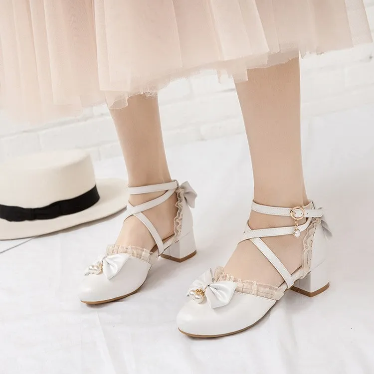 Women's Solid Color Lace Butterfly Knot Hollow Out Block Heel Sandals Ortho Sandals