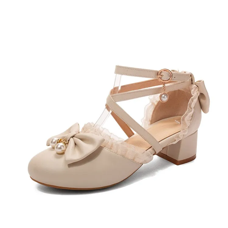 Silver Sandals Women's Solid Color Lace Butterfly Knot Hollow Out Block Heel Sandals