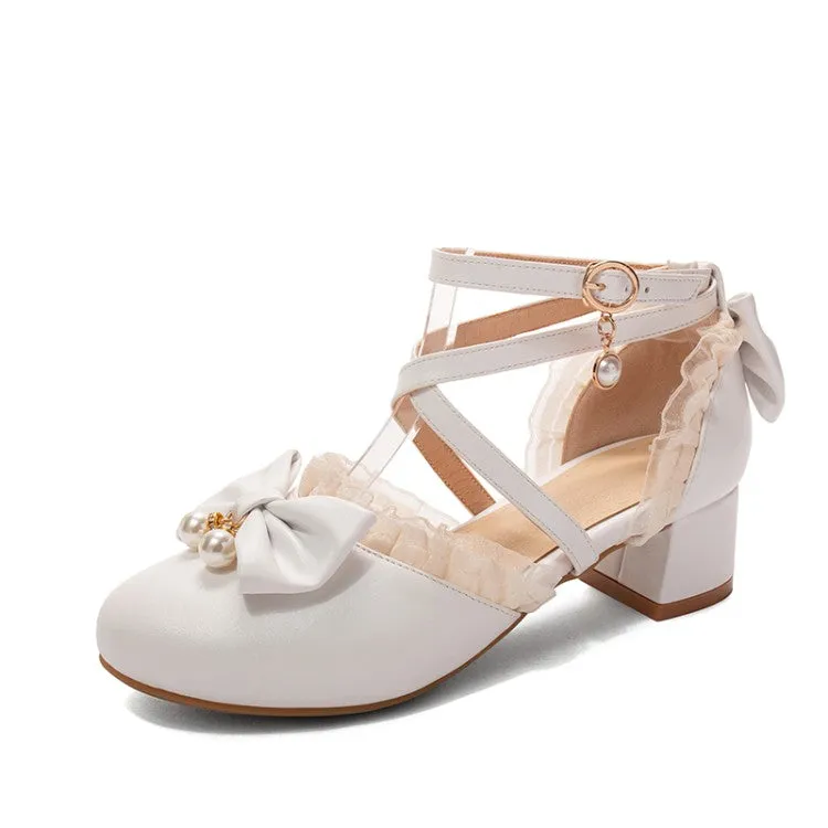 Women's Solid Color Lace Butterfly Knot Hollow Out Block Heel Sandals Sandals Mesh