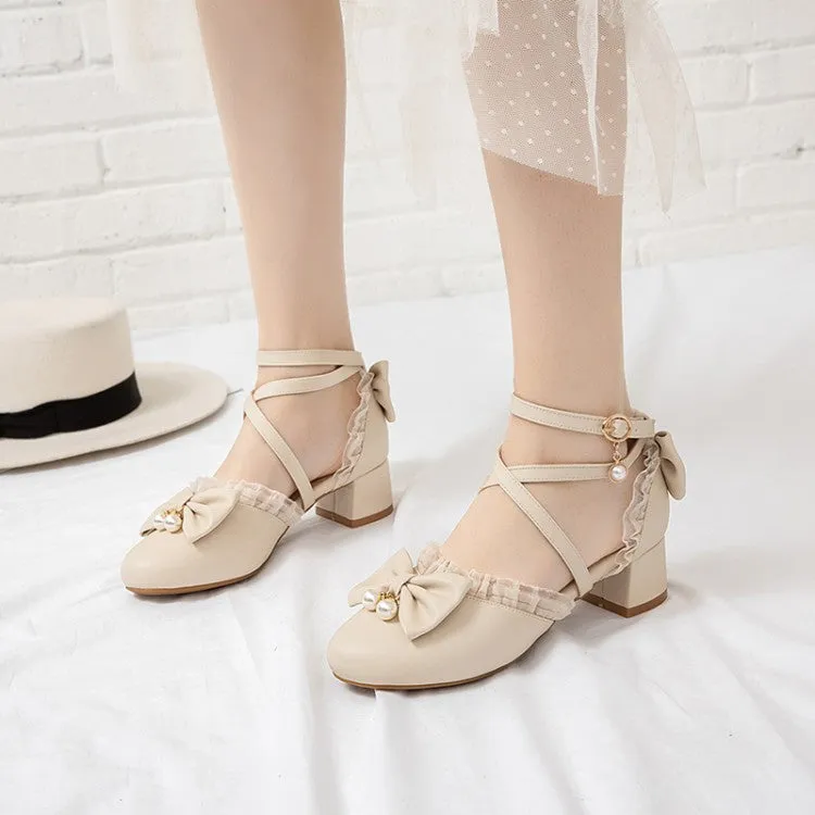 Shearling Sandals Women's Solid Color Lace Butterfly Knot Hollow Out Block Heel Sandals