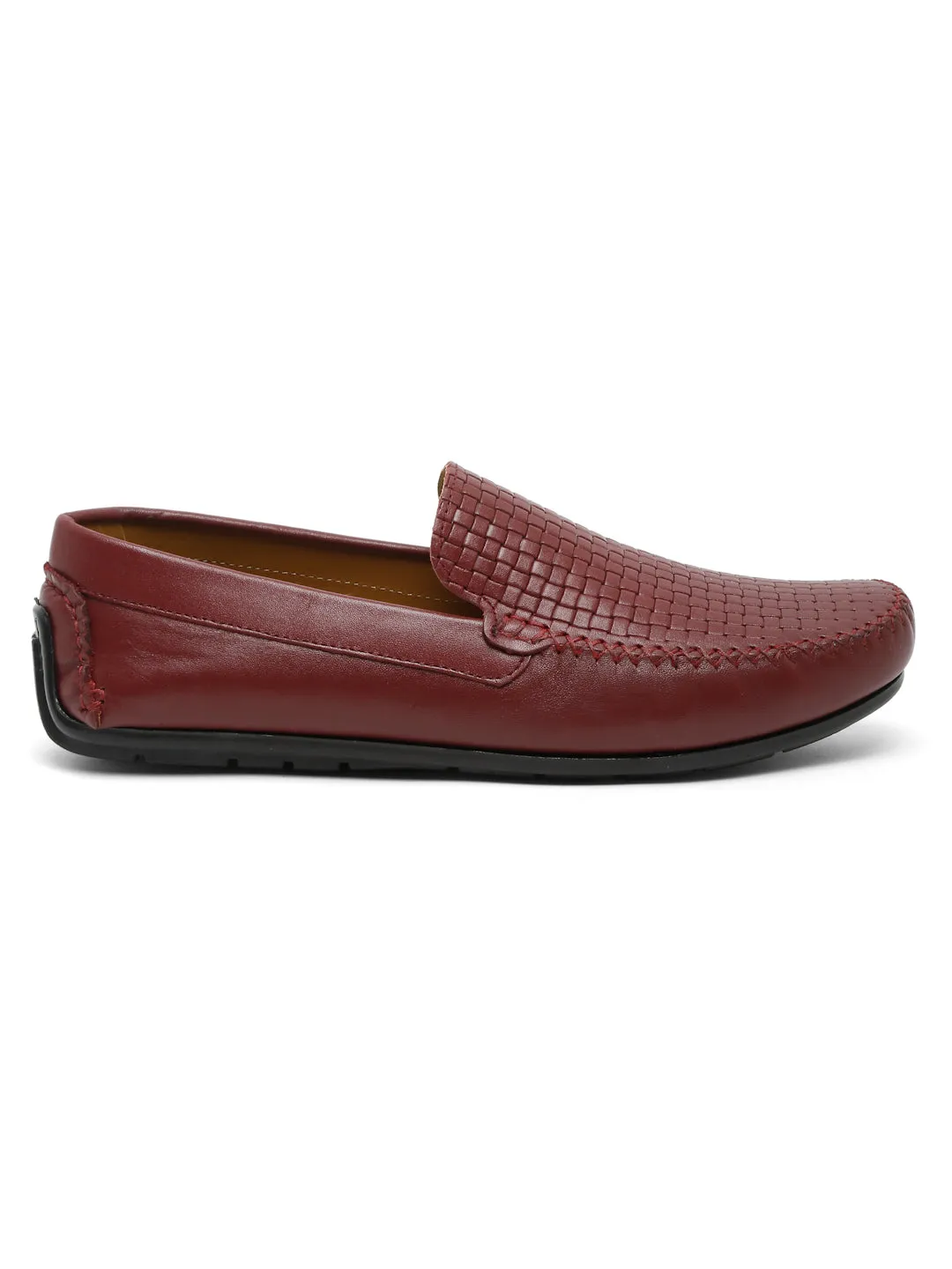 Men Maroon Texture Genuine Leather Loafers Casual Shoes Wear Jeans