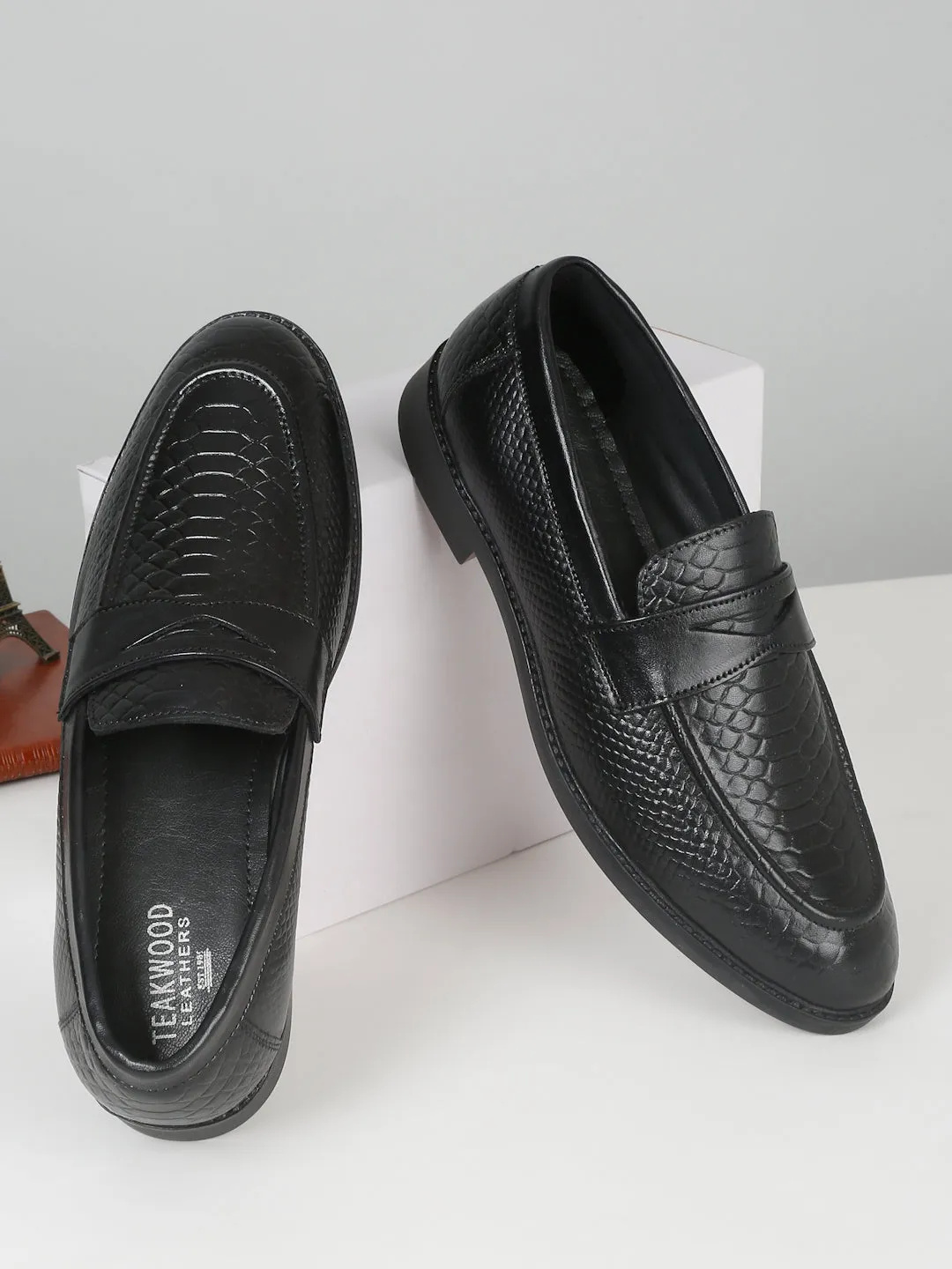 Men's Black Classy Patterned Texture Leather Loafers Casual Timberland Shoes