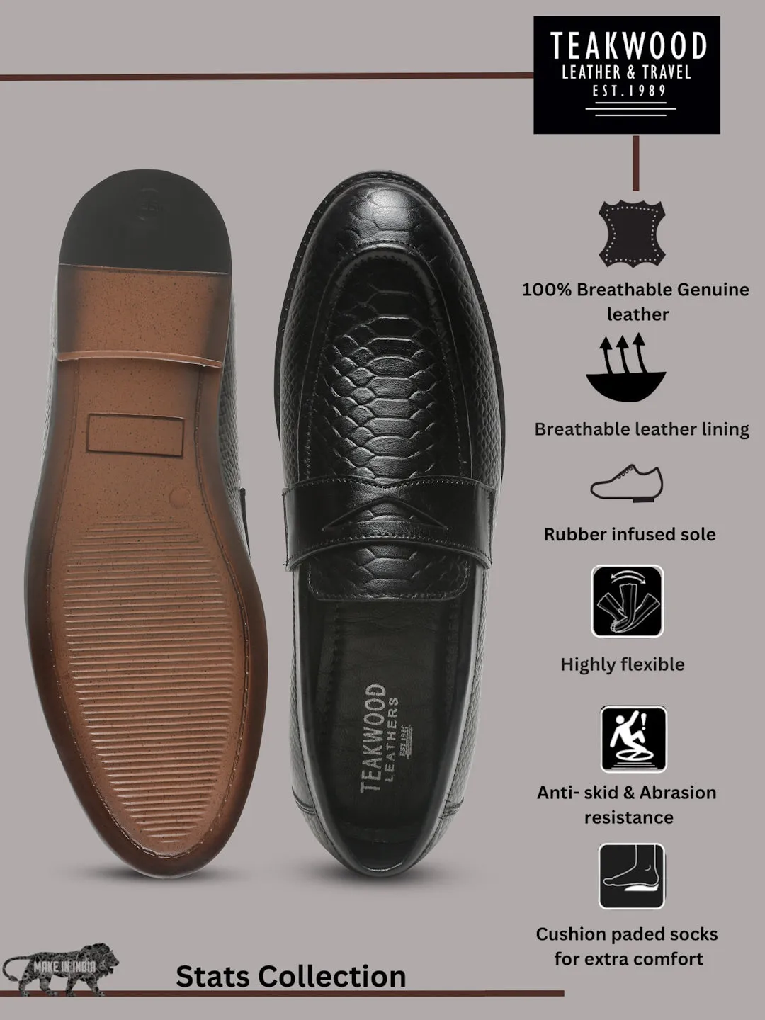 Men's Black Classy Patterned Texture Leather Loafers Best Shoes For Casual Running