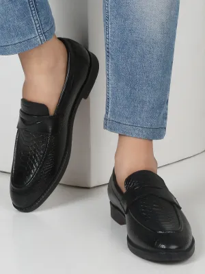 Men's Black Classy Patterned Texture Leather Loafers Armani Exchange Casual Shoes