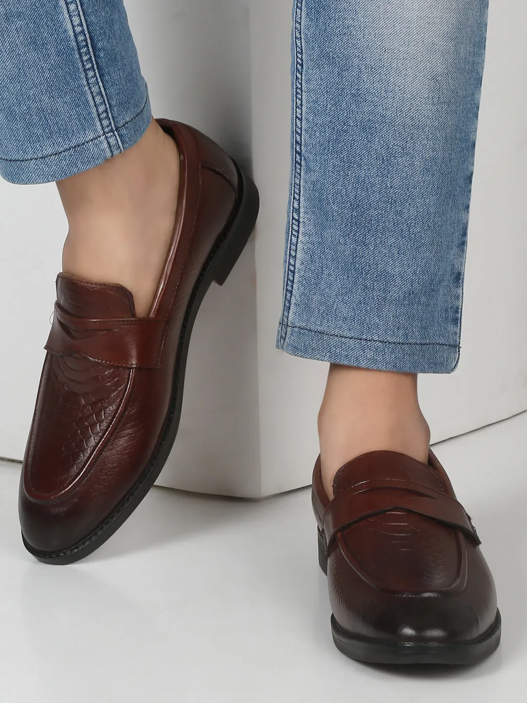 Men's Brown Classy Patterned Texture Leather Loafers Court Graffik Casual Skate Shoe