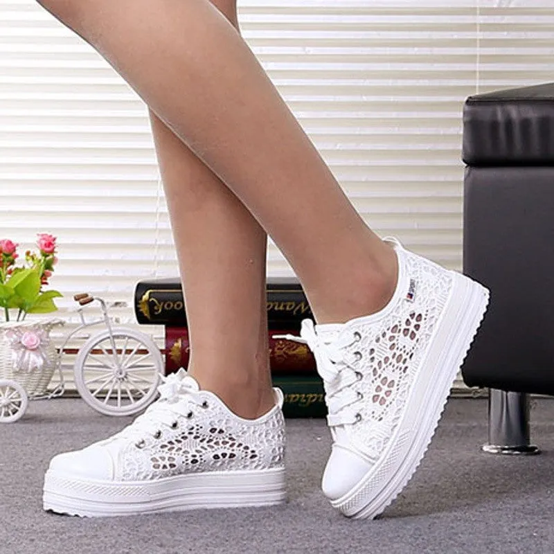 Women's white flower embroidery hollow chunky platform front lace sneakers | Summer breathable canvas shoes Originals Ozmillen Casual