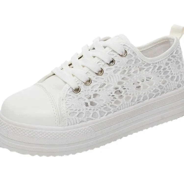Women's white flower embroidery hollow chunky platform front lace sneakers | Summer breathable canvas shoes Business Casual Orthopedic Shoes