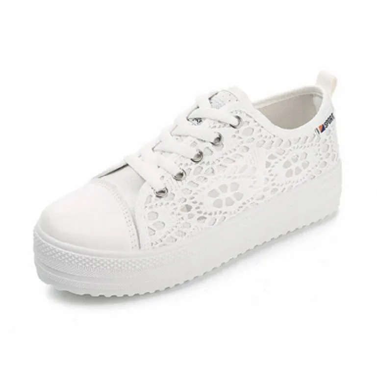 Fall 2024 Casual Shoes Women's white flower embroidery hollow chunky platform front lace sneakers | Summer breathable canvas shoes
