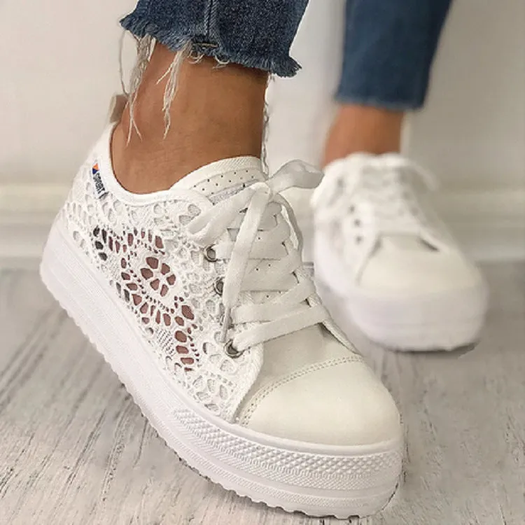 Shoes For Work Casual Women's white flower embroidery hollow chunky platform front lace sneakers | Summer breathable canvas shoes