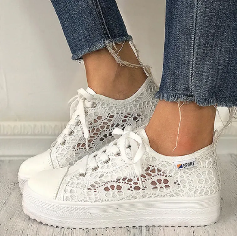 Women's white flower embroidery hollow chunky platform front lace sneakers | Summer breathable canvas shoes Casual Shoes To Go With Jeans