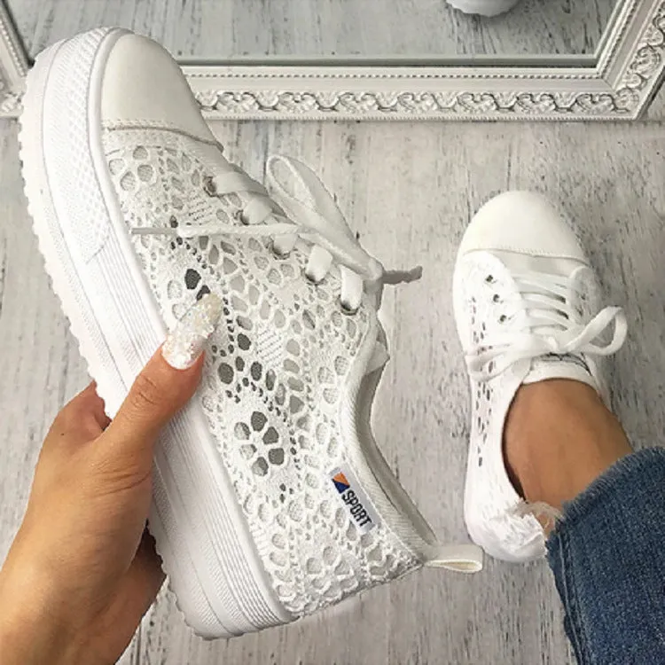 Women's white flower embroidery hollow chunky platform front lace sneakers | Summer breathable canvas shoes Arch Fit Casual Shoes