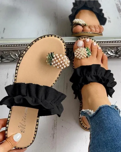 Women Slipper Pineapple Pearl Flat Toe Bohemian Casual Fruit Beach Sandals Ladies Shoes Platform Sandalias De Mujer 2020 Wedge Summer Sandals