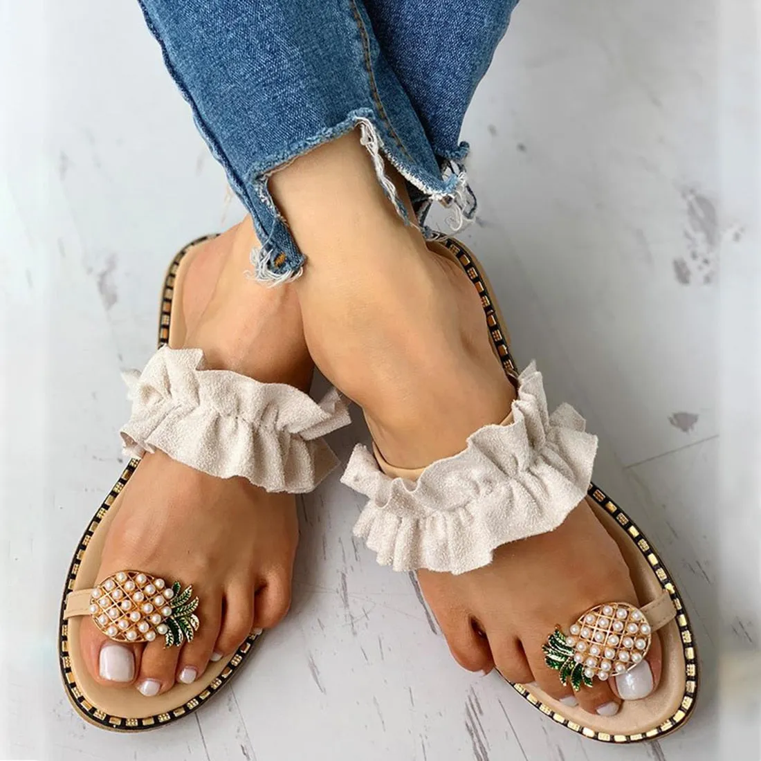Sandals Day Pass Women Slipper Pineapple Pearl Flat Toe Bohemian Casual Fruit Beach Sandals Ladies Shoes Platform Sandalias De Mujer 2020