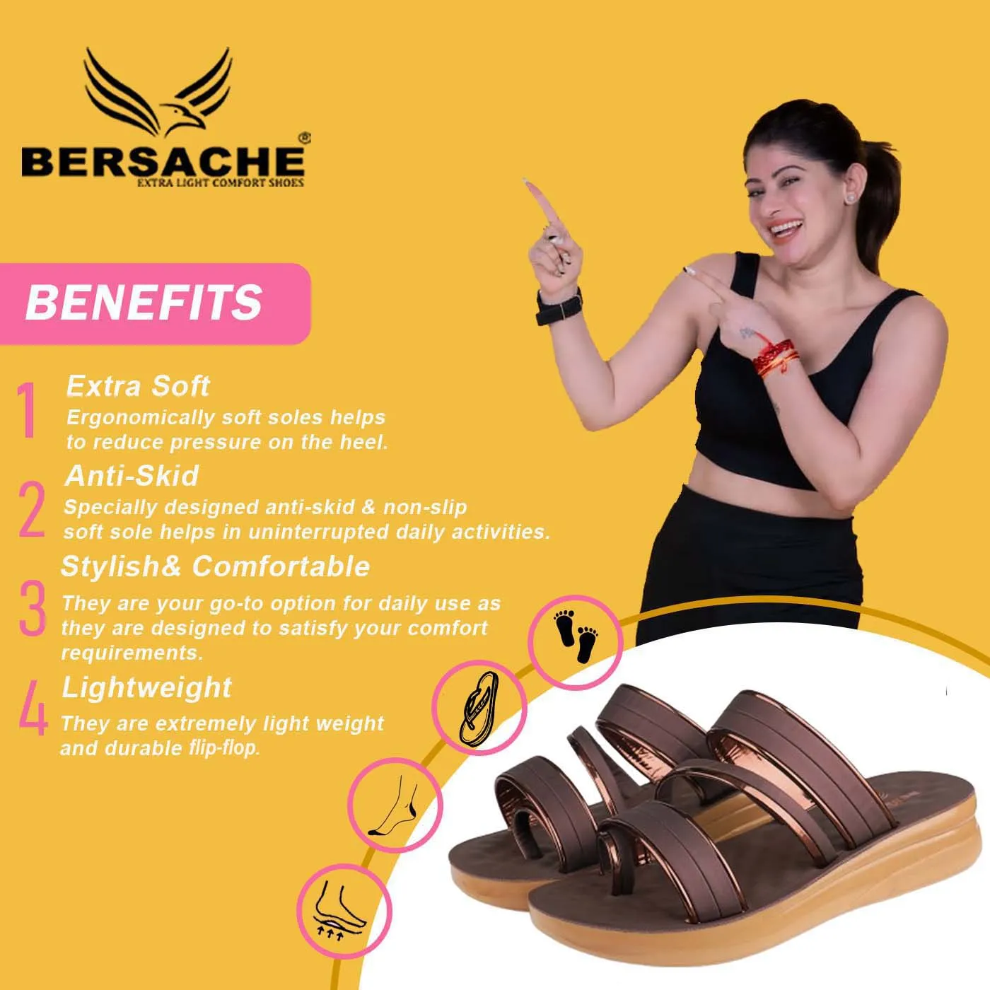 Bersache Extra Soft Classic Casual with  Regular wear with Ultra Soft & Flexibility Technology Flip Flop For Women's/Girl's-(6161-Brown) Slip Resistant Slippers