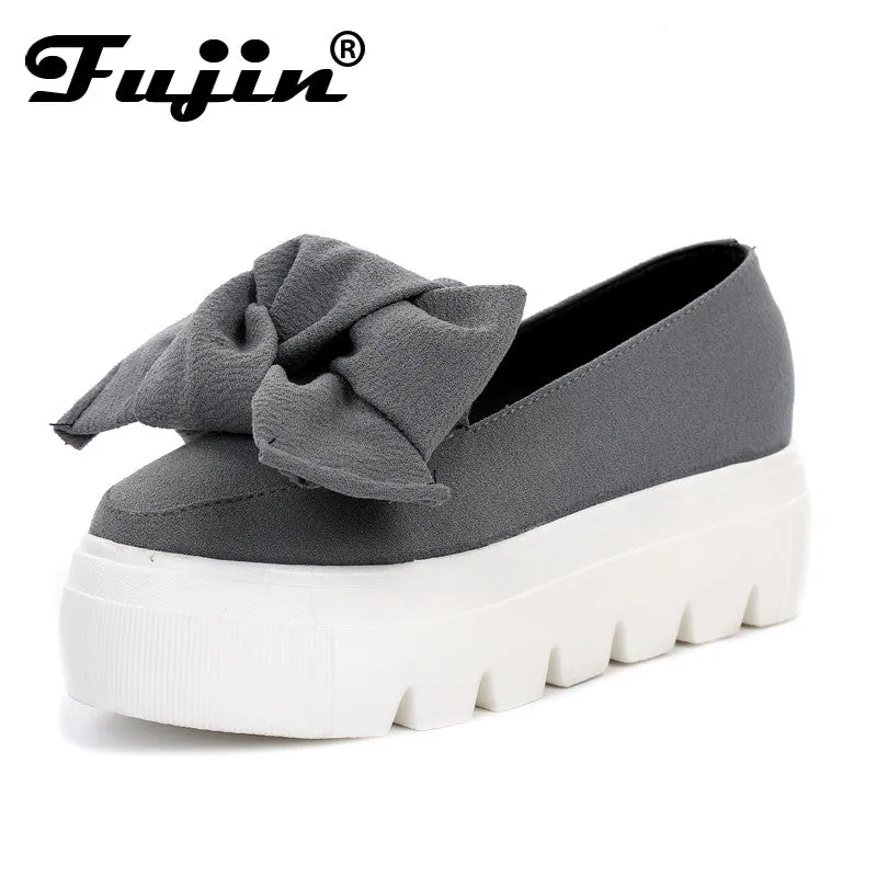 fujin 2017 Autumn spring  moccasin womens flats Fashion creepers shoes Bow lady flats loafers Ladies Slip On Platform 5CM Shoes Loafers Penny