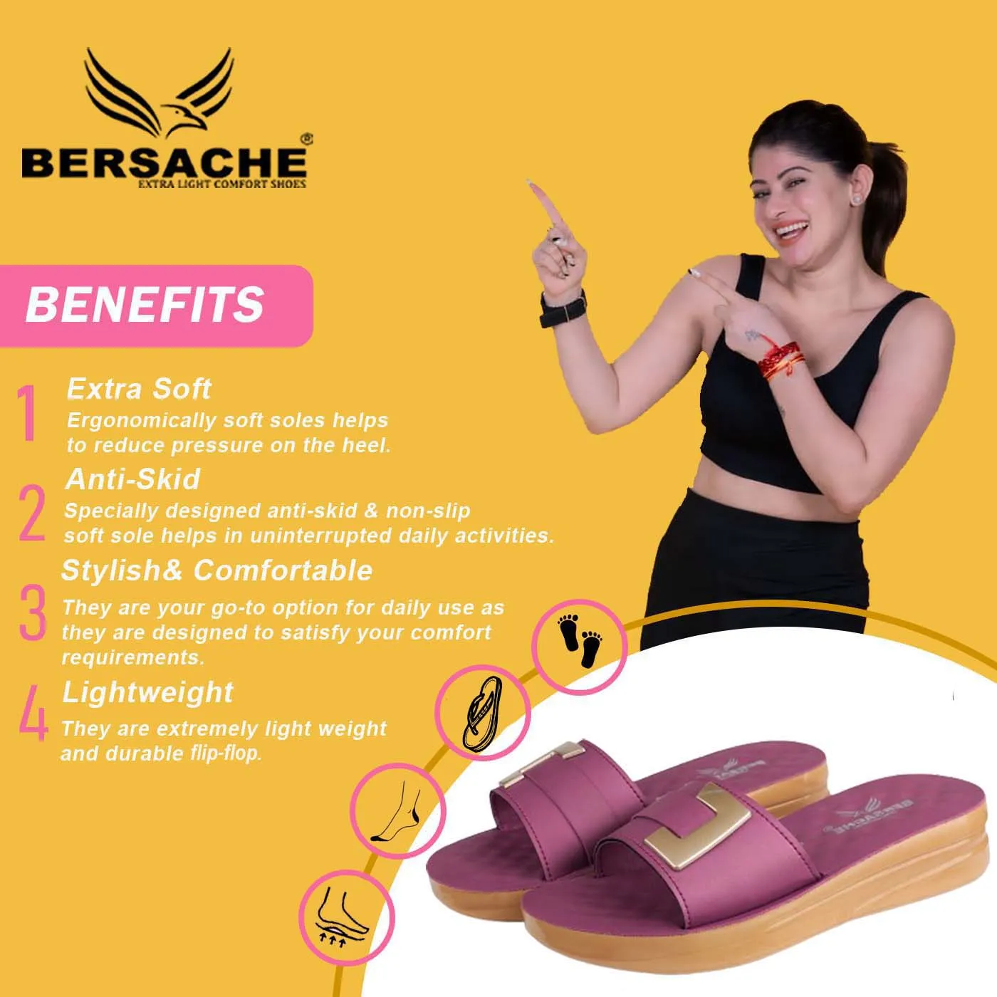 Bersache Extra Soft Classic Casual with  Regular wear with Ultra Soft & Flexibility Technology Flip Flop For Women's/Girl's-(6156-Pink) Puffy Slides