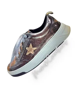 Japanese Casual Shoes Gunmetal Gray Star Leather Sneakers For Women