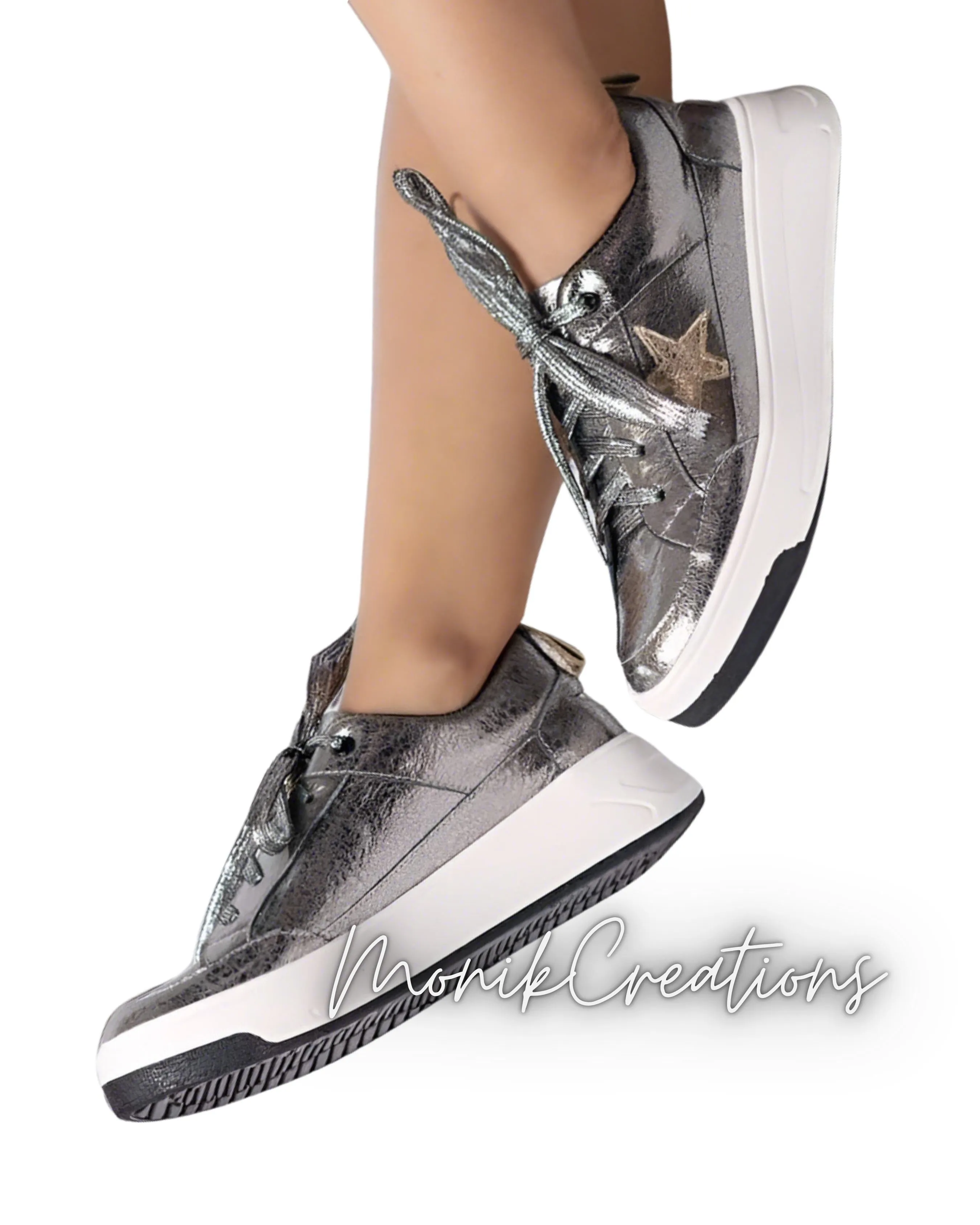 Gunmetal Gray Star Leather Sneakers For Women Summer Shoes Business Casual
