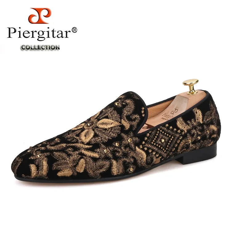 Work Slippers Handmade Men Loafers With Full Gold Embroidery Slip-on Fashion party and wedding men dress shoes smoking slippers