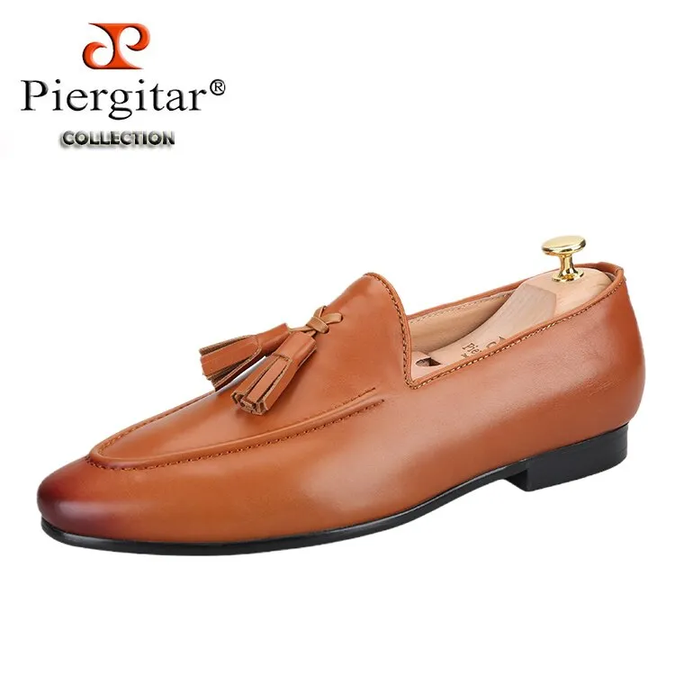 Two Colors Cowhide Men Shoes With Leather Tassels Handmade Party Slip-On Loafers Warm Slippers With Arch Support