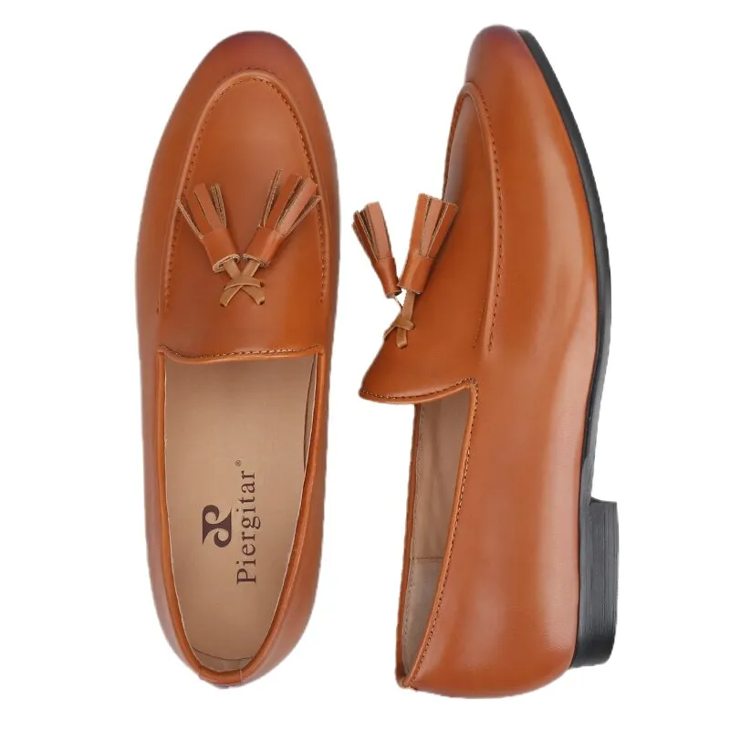 Two Colors Cowhide Men Shoes With Leather Tassels Handmade Party Slip-On Loafers Madrid Big Buckle Slide Sandal