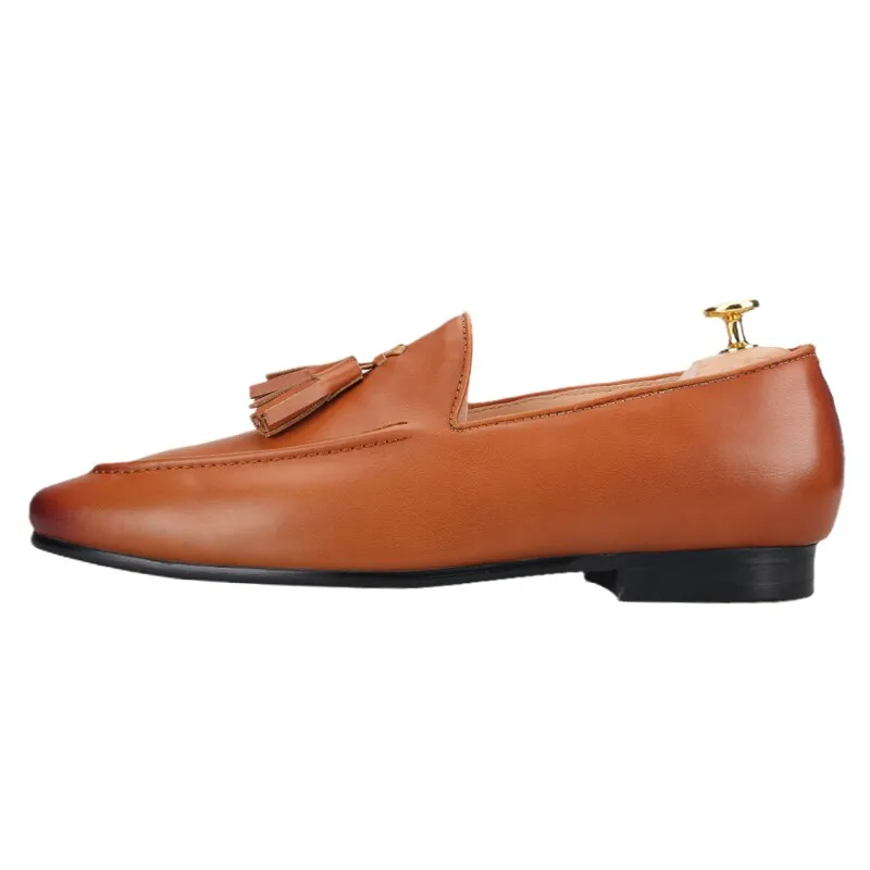 Two Colors Cowhide Men Shoes With Leather Tassels Handmade Party Slip-On Loafers Tasman Slides