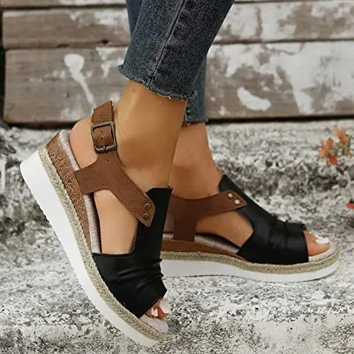 Korks Shoes Flats Orthopedic Platform Wedge Sandals for Women Summer Dressy Flat 2023 Open Toe Ankle Strap Espadrilles Sandals Casual Strappy Slip on Sandals Beach Boho Sandals Comfortable Outdoor Shoes (Black #2, 9)
