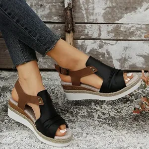 Shoe Lacing For Flat Feet Orthopedic Platform Wedge Sandals for Women Summer Dressy Flat 2023 Open Toe Ankle Strap Espadrilles Sandals Casual Strappy Slip on Sandals Beach Boho Sandals Comfortable Outdoor Shoes (Black #2, 9)