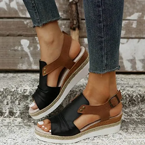 Orthopedic Platform Wedge Sandals for Women Summer Dressy Flat 2023 Open Toe Ankle Strap Espadrilles Sandals Casual Strappy Slip on Sandals Beach Boho Sandals Comfortable Outdoor Shoes (Black #2, 9) Best Running Shoe