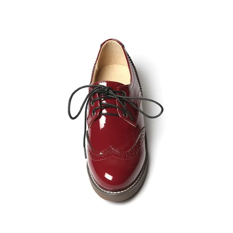 Barneys Oxfords Women's Glossy Round Toe Lace-Up Stitch Oxford Shoes