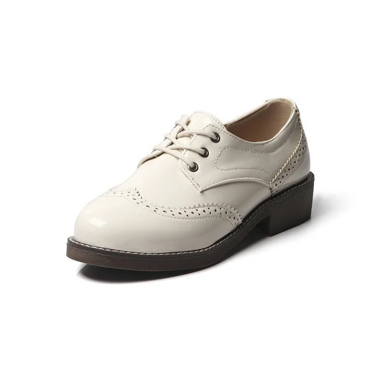 Oxfords Wide Women's Glossy Round Toe Lace-Up Stitch Oxford Shoes