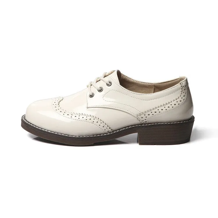 Women's Glossy Round Toe Lace-Up Stitch Oxford Shoes Wanted Shoes Oxfords