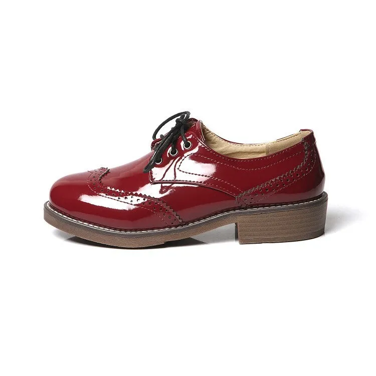 Women's Glossy Round Toe Lace-Up Stitch Oxford Shoes White Oxford Shirt