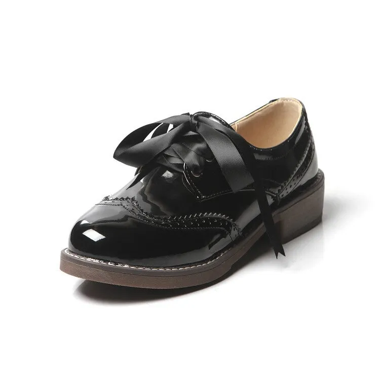 Volta Oxford Ms Women's Glossy Round Toe Lace-Up Stitch Oxford Shoes