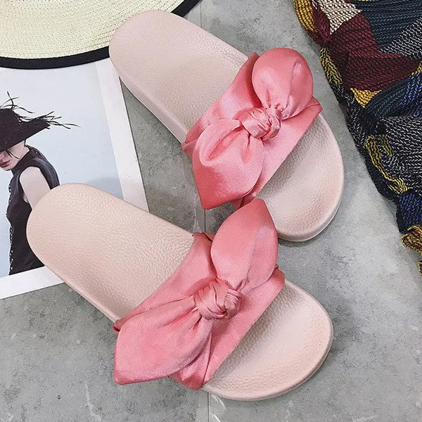 Lotus Jolly Silk Bow Slides Women Summer Beach Shoes Woman No Fur Slippers Flat Heels Flip Flops Ladies Rihanna Bohemia Sandals Beetle Juice Slippers
