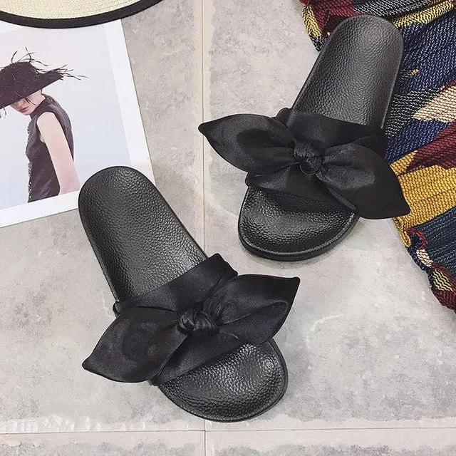 Lotus Jolly Silk Bow Slides Women Summer Beach Shoes Woman No Fur Slippers Flat Heels Flip Flops Ladies Rihanna Bohemia Sandals Fur Soft Sole Slippers