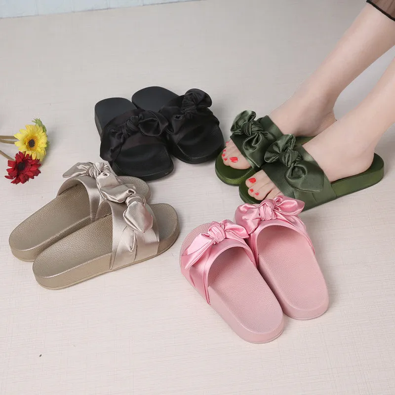 Lotus Jolly Silk Bow Slides Women Summer Beach Shoes Woman No Fur Slippers Flat Heels Flip Flops Ladies Rihanna Bohemia Sandals Africa Slippers
