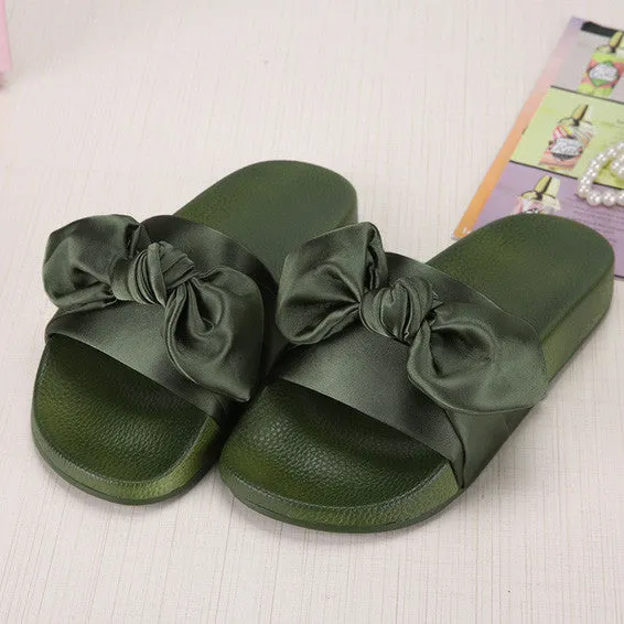 Steel Toed Slippers Lotus Jolly Silk Bow Slides Women Summer Beach Shoes Woman No Fur Slippers Flat Heels Flip Flops Ladies Rihanna Bohemia Sandals