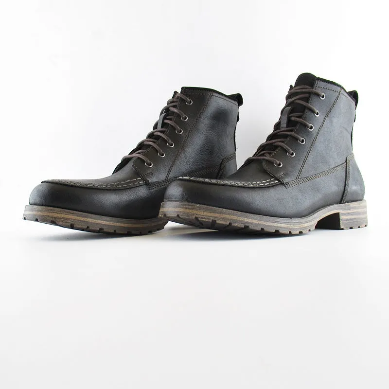 Lucky Brand Mens Black Garrison Leather Rugged Lace-up Rubber Sole Moc Toe Boot High Heel Casual Shoes